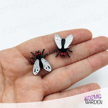 Fly Stud Earrings – Mirrored Silver Wings & Sparkling Rhinestone Eyes – Quirky Bug Jewelry