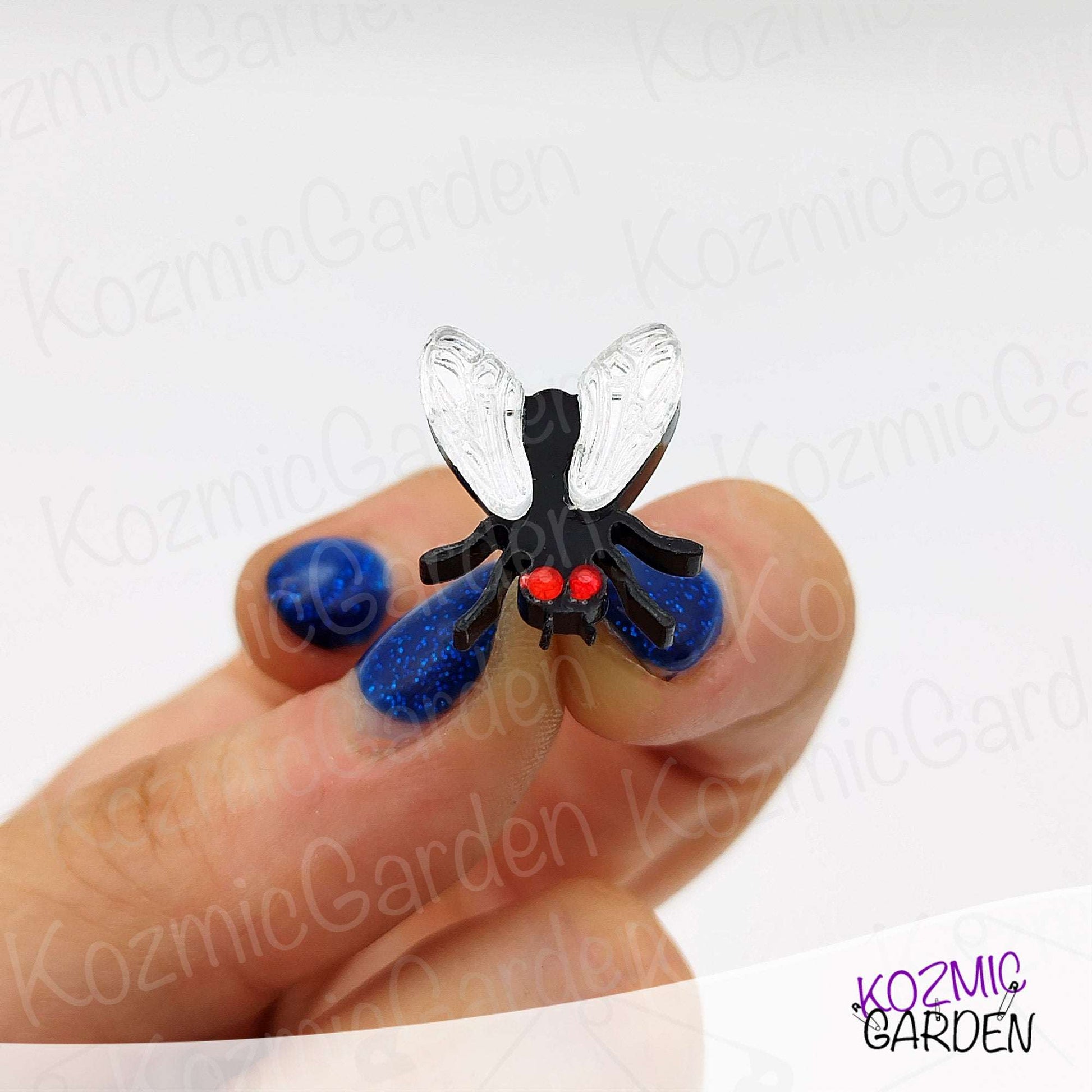Fly Stud Earrings – Mirrored Silver Wings & Sparkling Rhinestone Eyes – Quirky Bug Jewelry