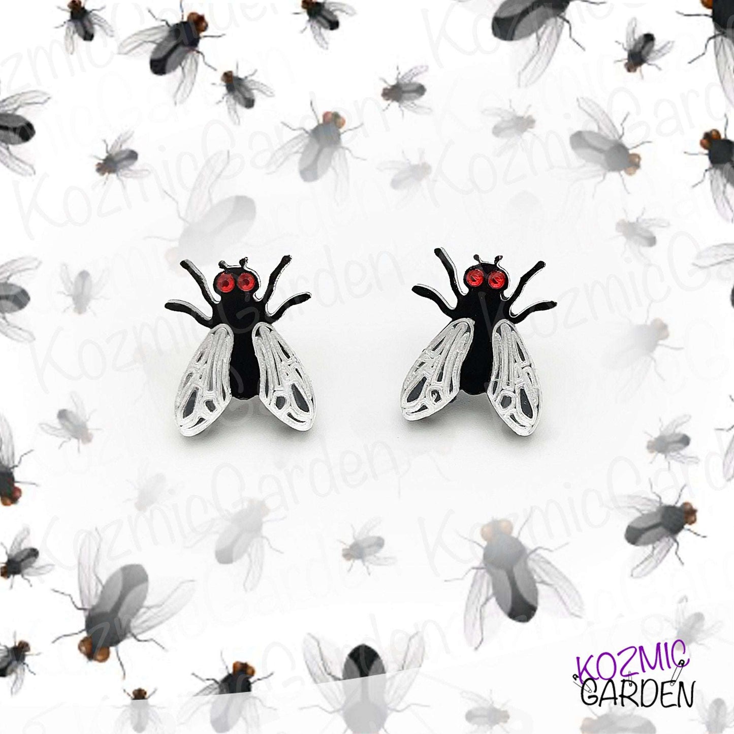 Fly Stud Earrings – Mirrored Silver Wings & Sparkling Rhinestone Eyes – Quirky Bug Jewelry