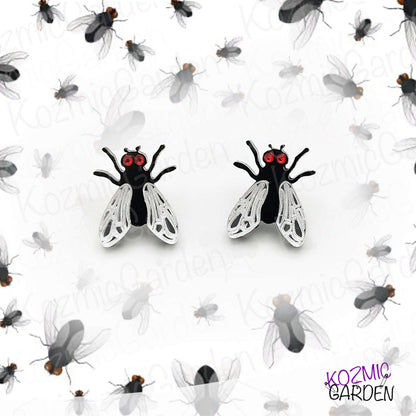 Fly Stud Earrings – Mirrored Silver Wings & Sparkling Rhinestone Eyes – Quirky Bug Jewelry