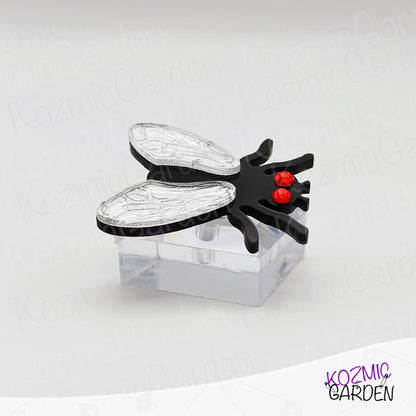 Fly Brooch – Mirrored Silver Wings & Rhinestone Eyes – Insect Pin with Quirky Charm