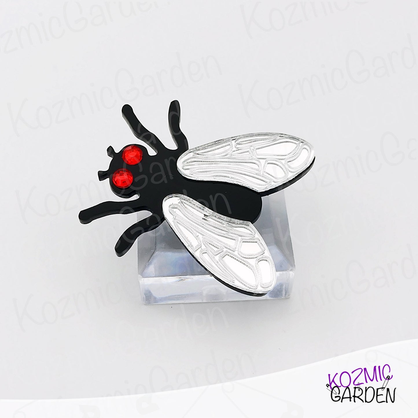 Fly Brooch – Mirrored Silver Wings & Rhinestone Eyes – Insect Pin with Quirky Charm