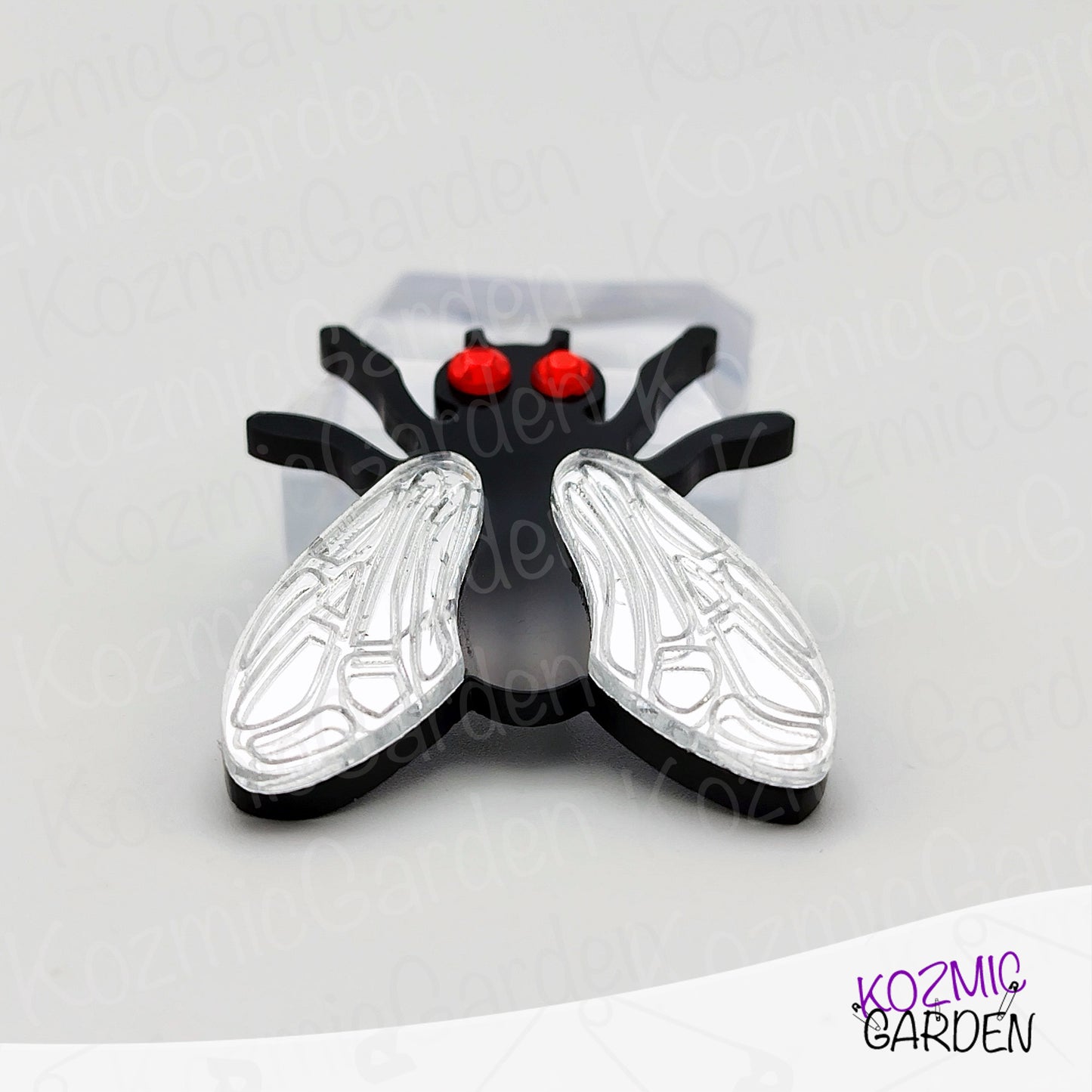 Fly Brooch – Mirrored Silver Wings & Rhinestone Eyes – Insect Pin with Quirky Charm