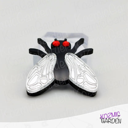 Fly Brooch – Mirrored Silver Wings & Rhinestone Eyes – Insect Pin with Quirky Charm