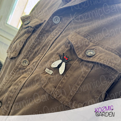 Fly Brooch – Mirrored Silver Wings & Rhinestone Eyes – Insect Pin with Quirky Charm