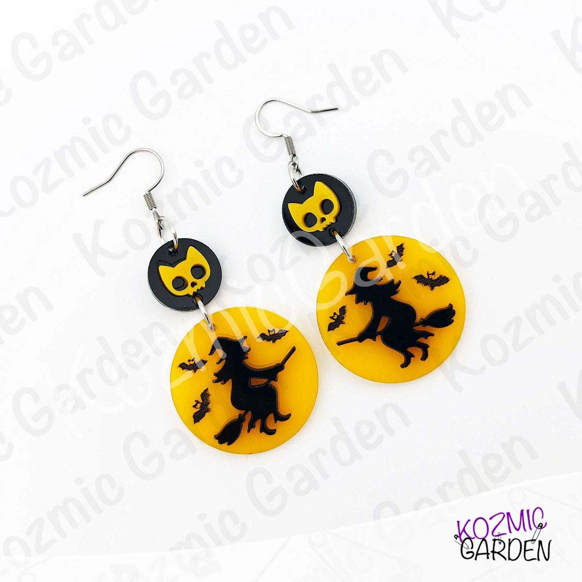 Witch Silhouette Full Moon Earrings – Flying Witch with Bats & Cat Skull Dangles
