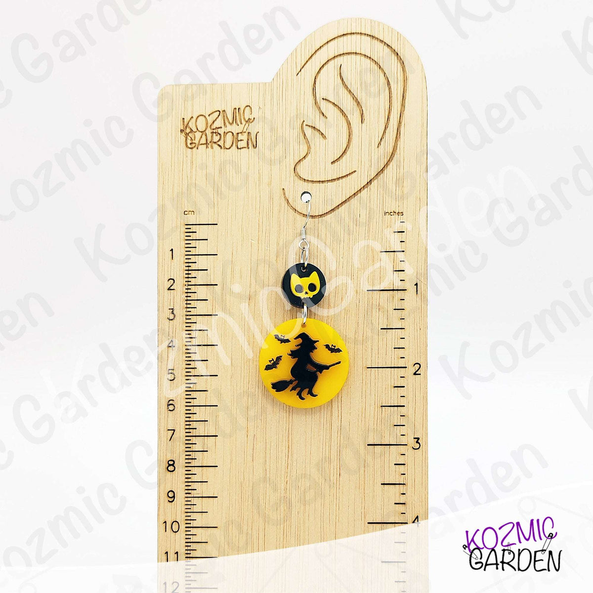 Witch Silhouette Full Moon Earrings – Flying Witch with Bats & Cat Skull Dangles