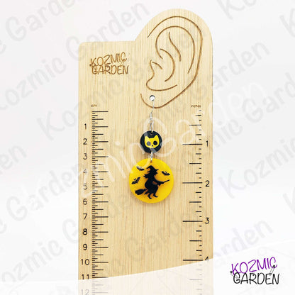 Witch Silhouette Full Moon Earrings – Flying Witch with Bats & Cat Skull Dangles