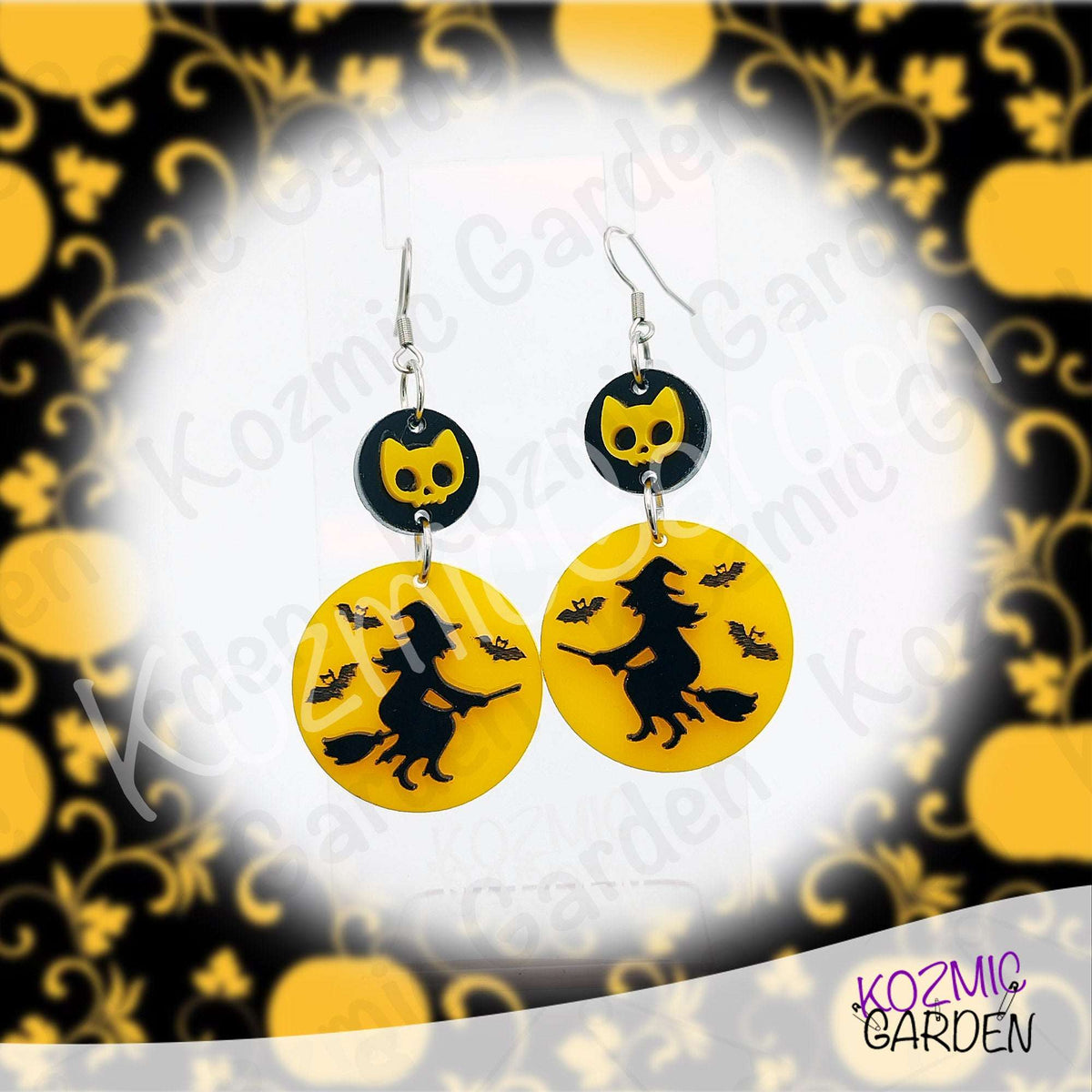 Witch Silhouette Full Moon Earrings – Flying Witch with Bats & Cat Skull Dangles