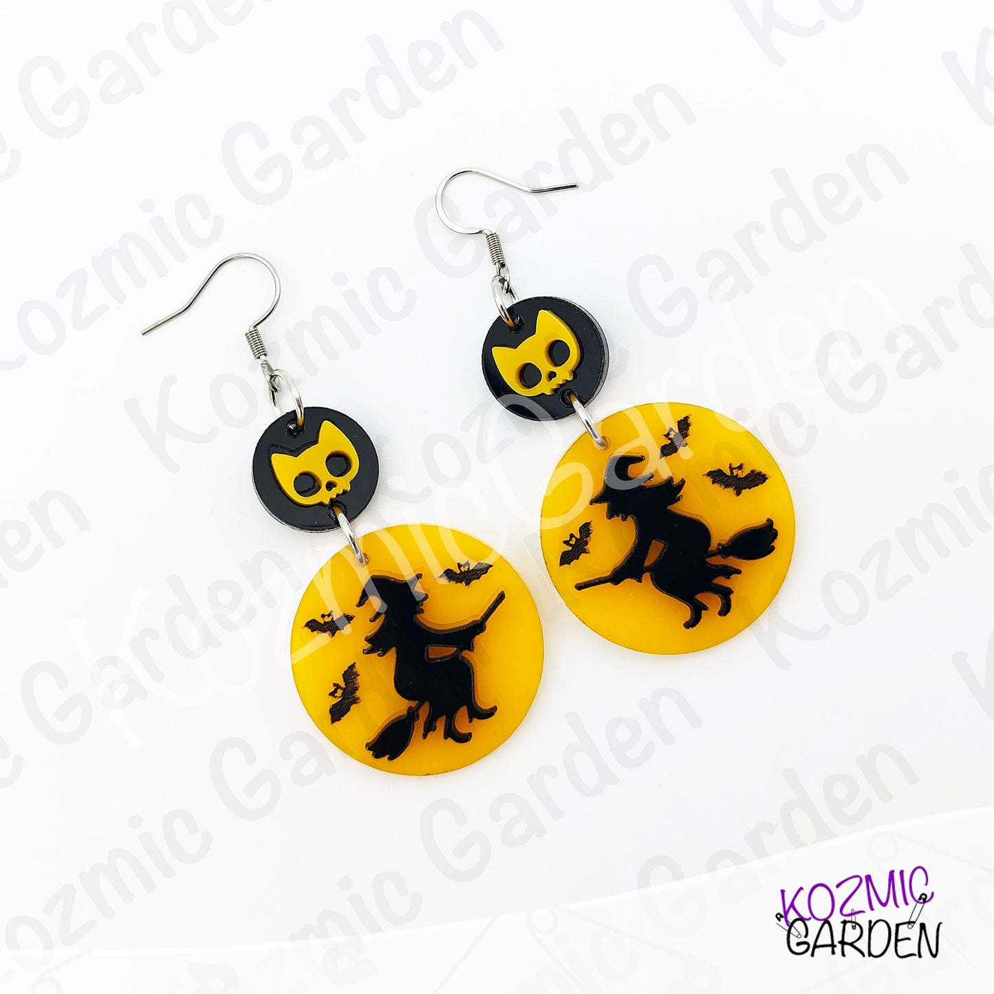 Witch Silhouette Full Moon Earrings – Flying Witch with Bats & Cat Skull Dangles