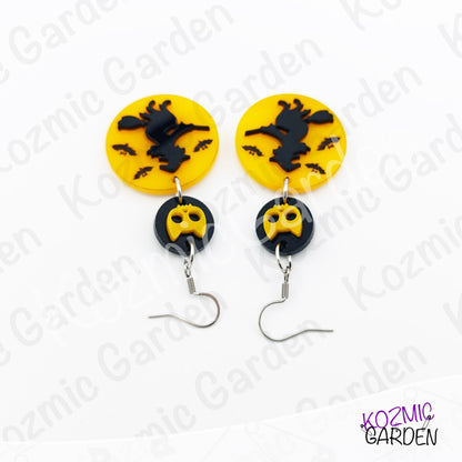 Witch Silhouette Full Moon Earrings – Flying Witch with Bats & Cat Skull Dangles