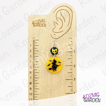 Witch Silhouette Full Moon Earrings – Flying Witch with Bats & Cat Skull Dangles