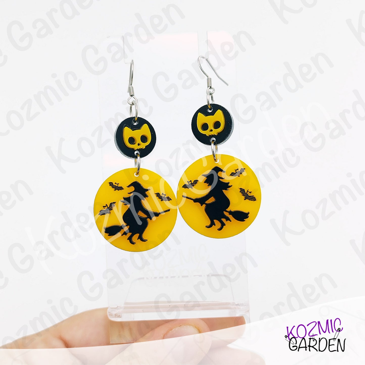 Witch Silhouette Full Moon Earrings – Flying Witch with Bats & Cat Skull Dangles