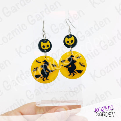 Witch Silhouette Full Moon Earrings – Flying Witch with Bats & Cat Skull Dangles