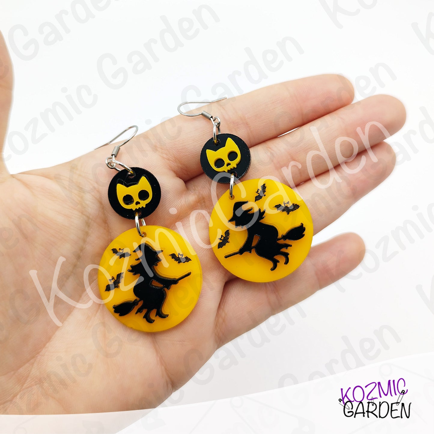 Witch Silhouette Full Moon Earrings – Flying Witch with Bats & Cat Skull Dangles