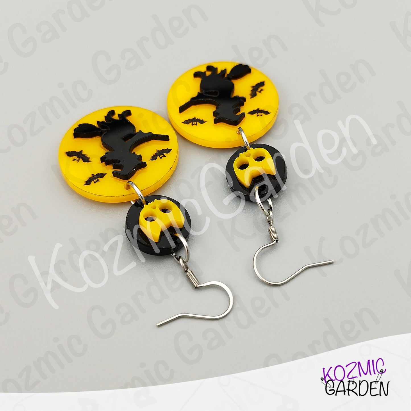 Witch Silhouette Full Moon Earrings – Flying Witch with Bats & Cat Skull Dangles