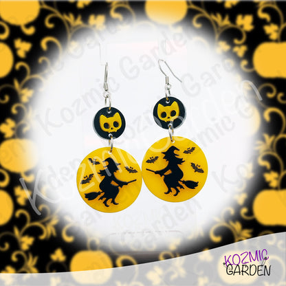 Witch Silhouette Full Moon Earrings – Flying Witch with Bats & Cat Skull Dangles