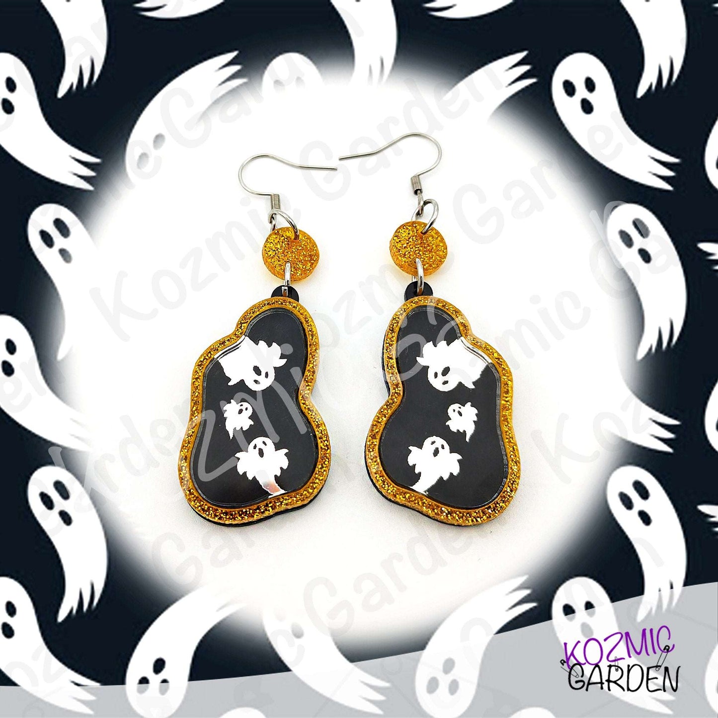 Ghost Mirror Earrings | Glitter Gold Frame, Engraved Ghosts, Spooky Halloween Jewelry