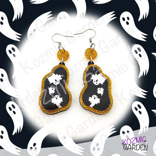 Ghost Mirror Earrings | Glitter Gold Frame, Engraved Ghosts, Spooky Halloween Jewelry