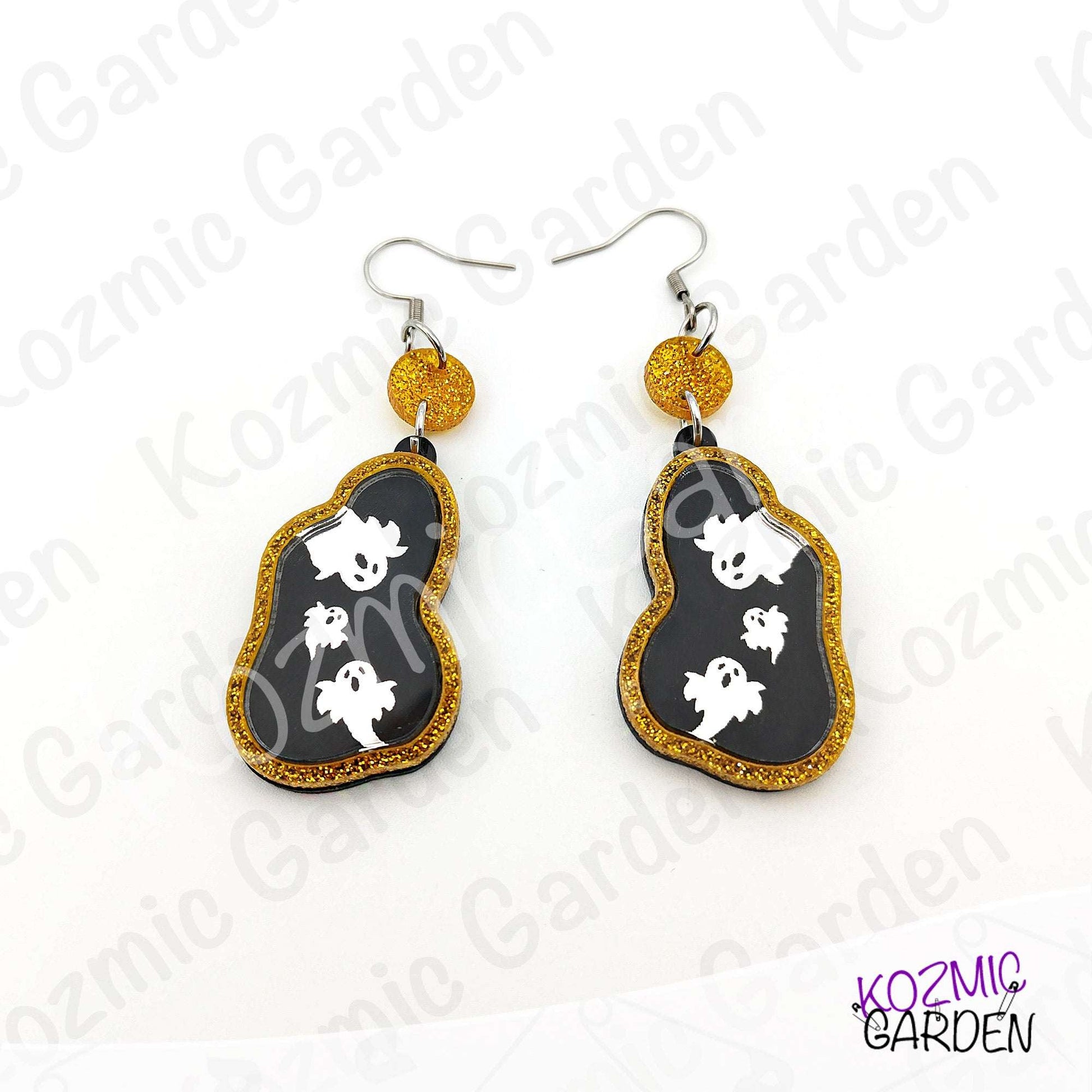 Ghost Mirror Earrings | Glitter Gold Frame, Engraved Ghosts, Spooky Halloween Jewelry