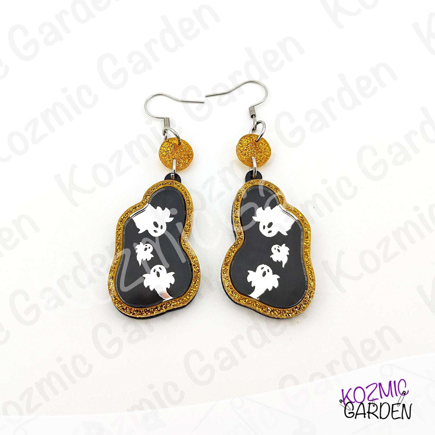 Ghost Mirror Earrings | Glitter Gold Frame, Engraved Ghosts, Spooky Halloween Jewelry