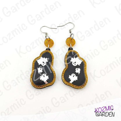 Ghost Mirror Earrings | Glitter Gold Frame, Engraved Ghosts, Spooky Halloween Jewelry
