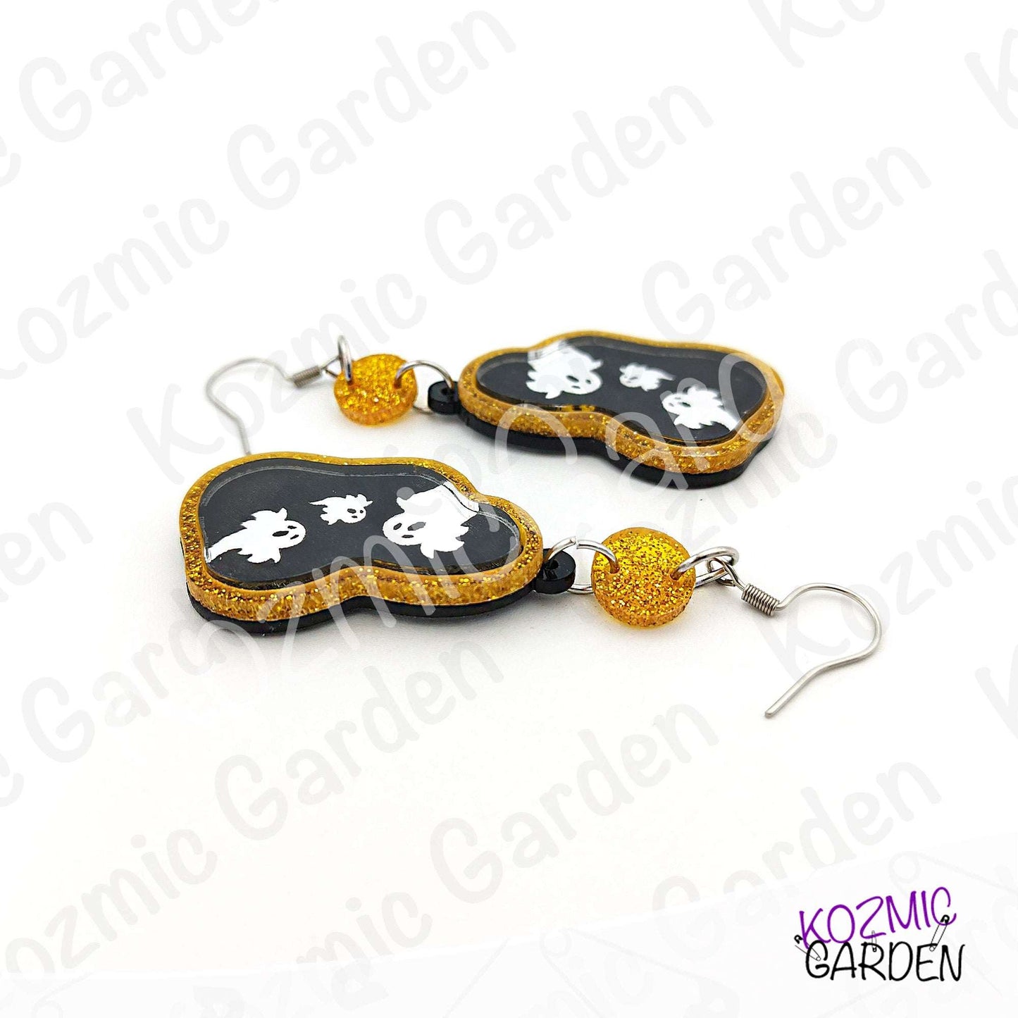 Ghost Mirror Earrings | Glitter Gold Frame, Engraved Ghosts, Spooky Halloween Jewelry