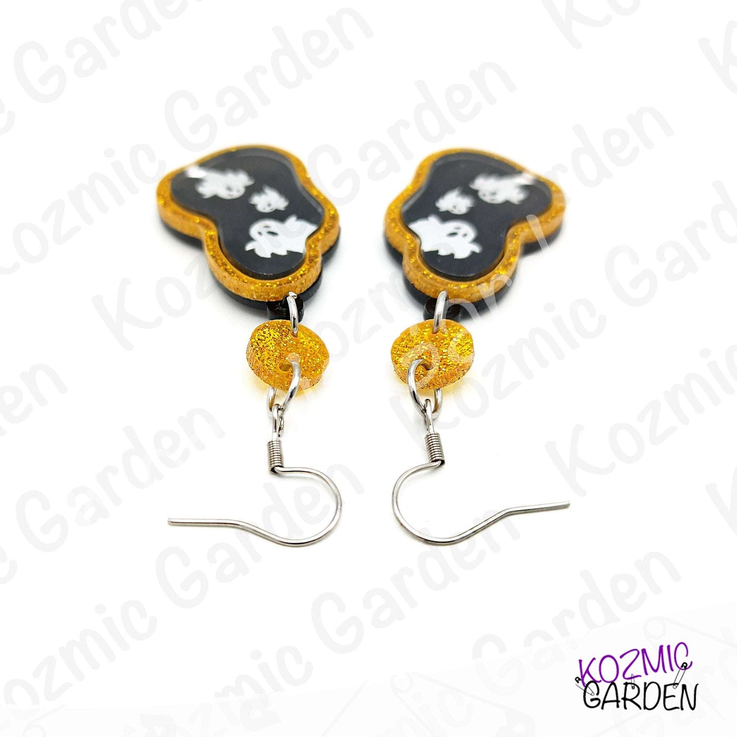 Ghost Mirror Earrings | Glitter Gold Frame, Engraved Ghosts, Spooky Halloween Jewelry