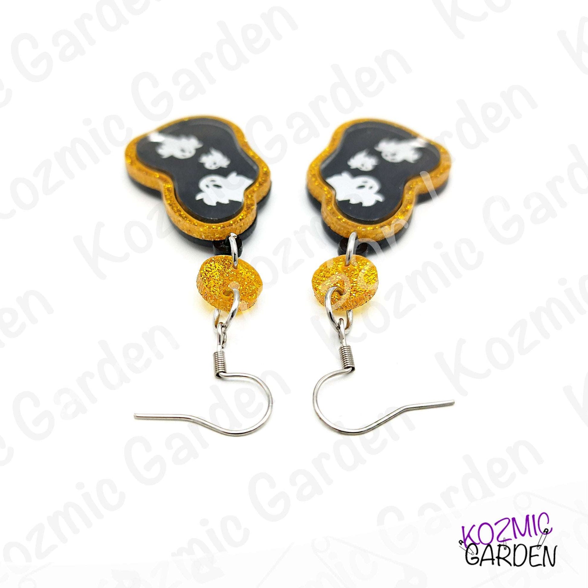 Ghost Mirror Earrings | Glitter Gold Frame, Engraved Ghosts, Spooky Halloween Jewelry