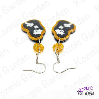 Ghost Mirror Earrings | Glitter Gold Frame, Engraved Ghosts, Spooky Halloween Jewelry