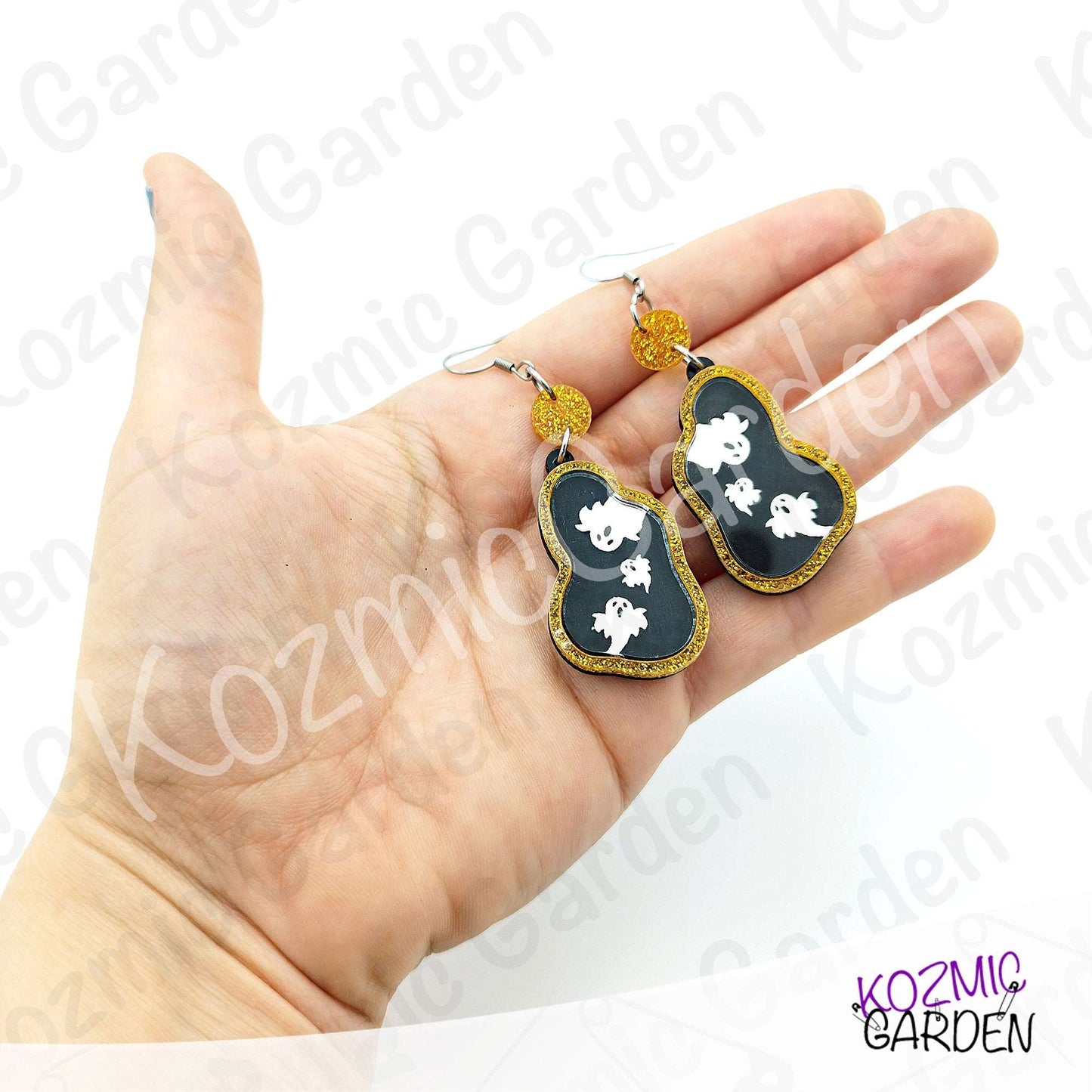 Ghost Mirror Earrings | Glitter Gold Frame, Engraved Ghosts, Spooky Halloween Jewelry