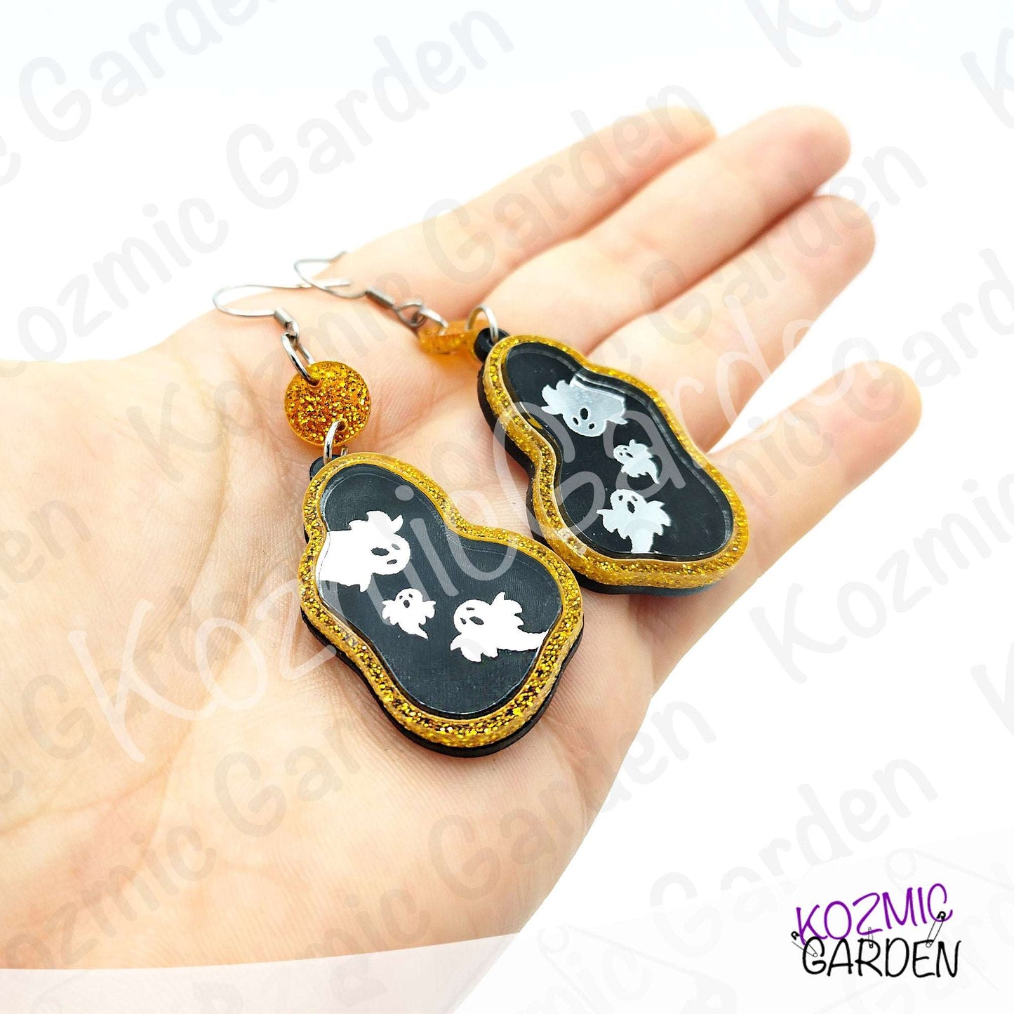 Ghost Mirror Earrings | Glitter Gold Frame, Engraved Ghosts, Spooky Halloween Jewelry