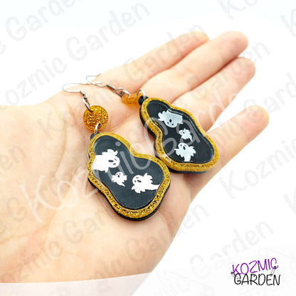Ghost Mirror Earrings | Glitter Gold Frame, Engraved Ghosts, Spooky Halloween Jewelry