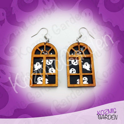 Ghost Window Earrings | Glitter Brown Acrylic, Silver Ghosts, Halloween Jewelry