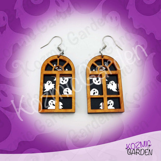 Ghost Window Earrings | Glitter Brown Acrylic, Silver Ghosts, Halloween Jewelry