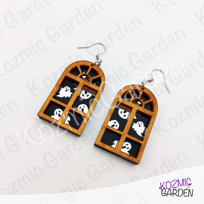 Ghost Window Earrings | Glitter Brown Acrylic, Silver Ghosts, Halloween Jewelry