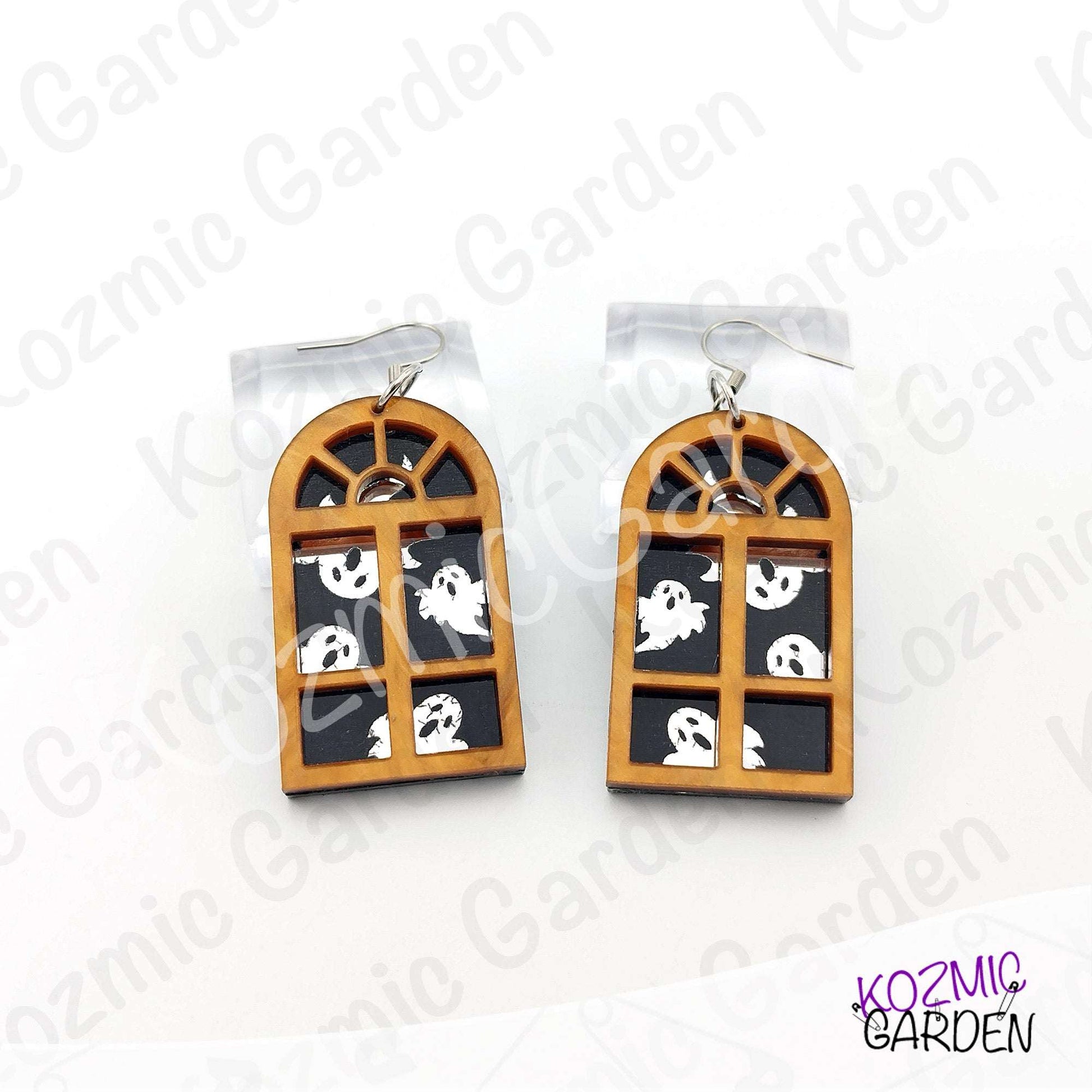 Ghost Window Earrings | Glitter Brown Acrylic, Silver Ghosts, Halloween Jewelry