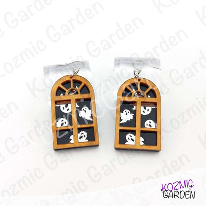 Ghost Window Earrings | Glitter Brown Acrylic, Silver Ghosts, Halloween Jewelry