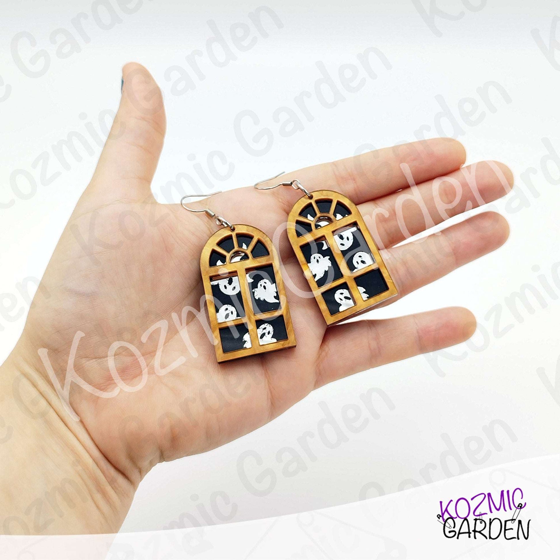 Ghost Window Earrings | Glitter Brown Acrylic, Silver Ghosts, Halloween Jewelry