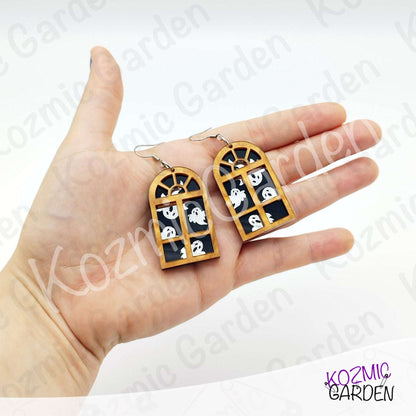 Ghost Window Earrings | Glitter Brown Acrylic, Silver Ghosts, Halloween Jewelry
