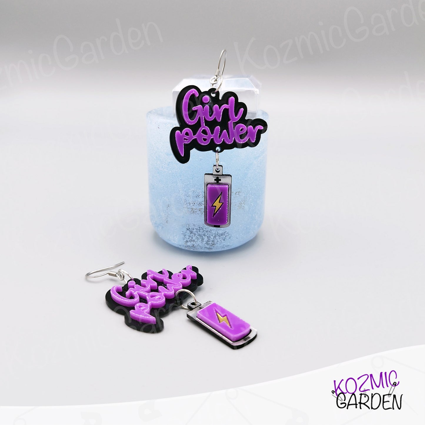 Girl Power Earrings with Purple Energy Battery - Let's activate Feminists!