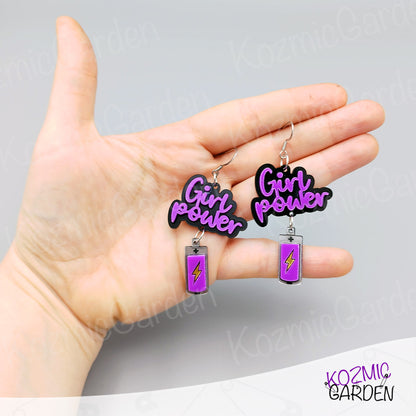 Girl Power Earrings with Purple Energy Battery - Let's activate Feminists!