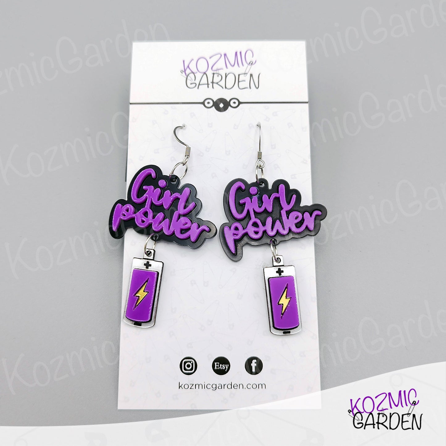 Girl Power Earrings with Purple Energy Battery - Let's activate Feminists!