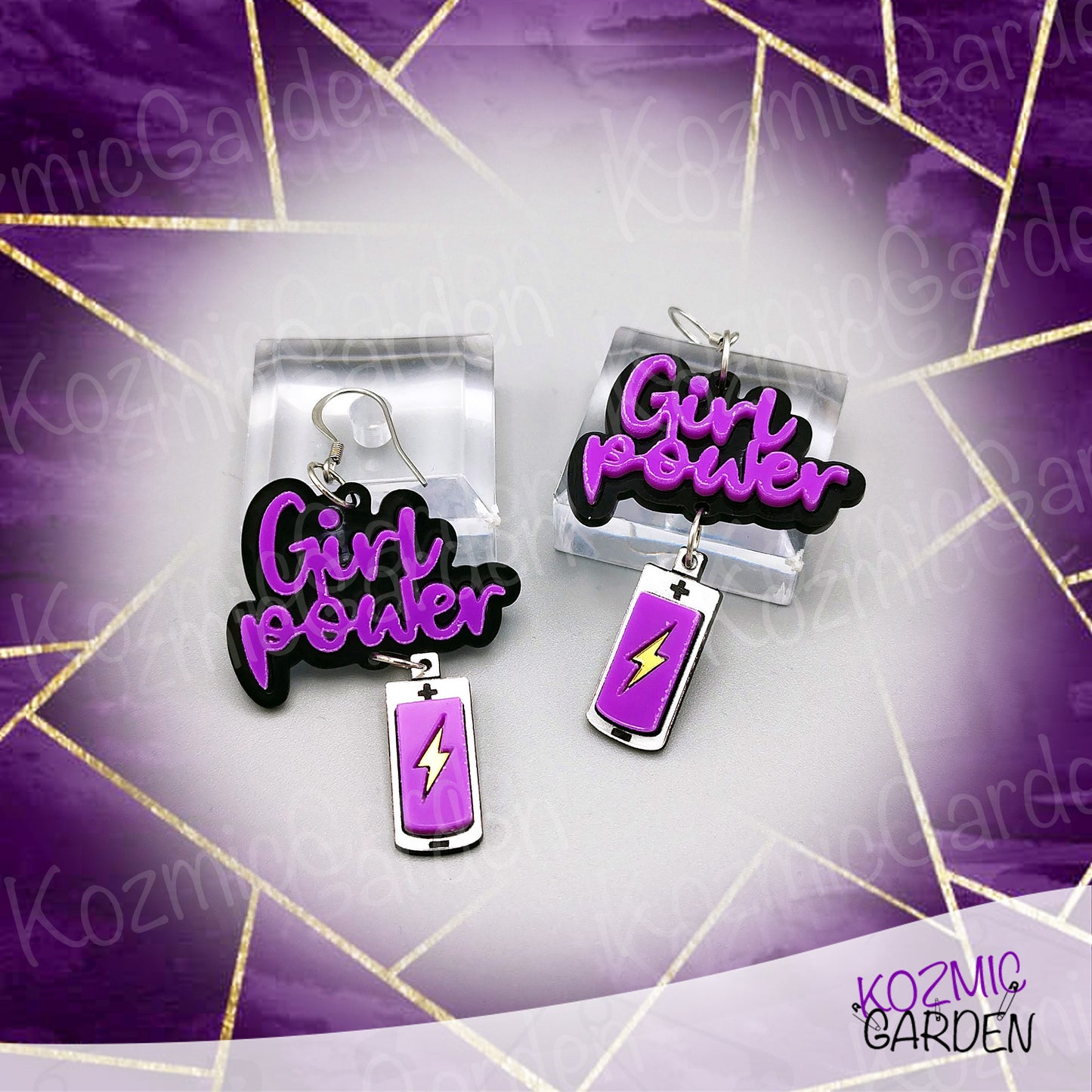 Girl Power Earrings with Purple Energy Battery - Let's activate Feminists!