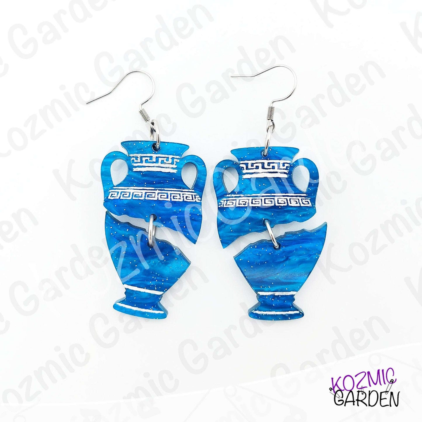 Blue Greek Vase Earrings – Broken Pottery Design, Mythology Jewelry, Greek Earrings