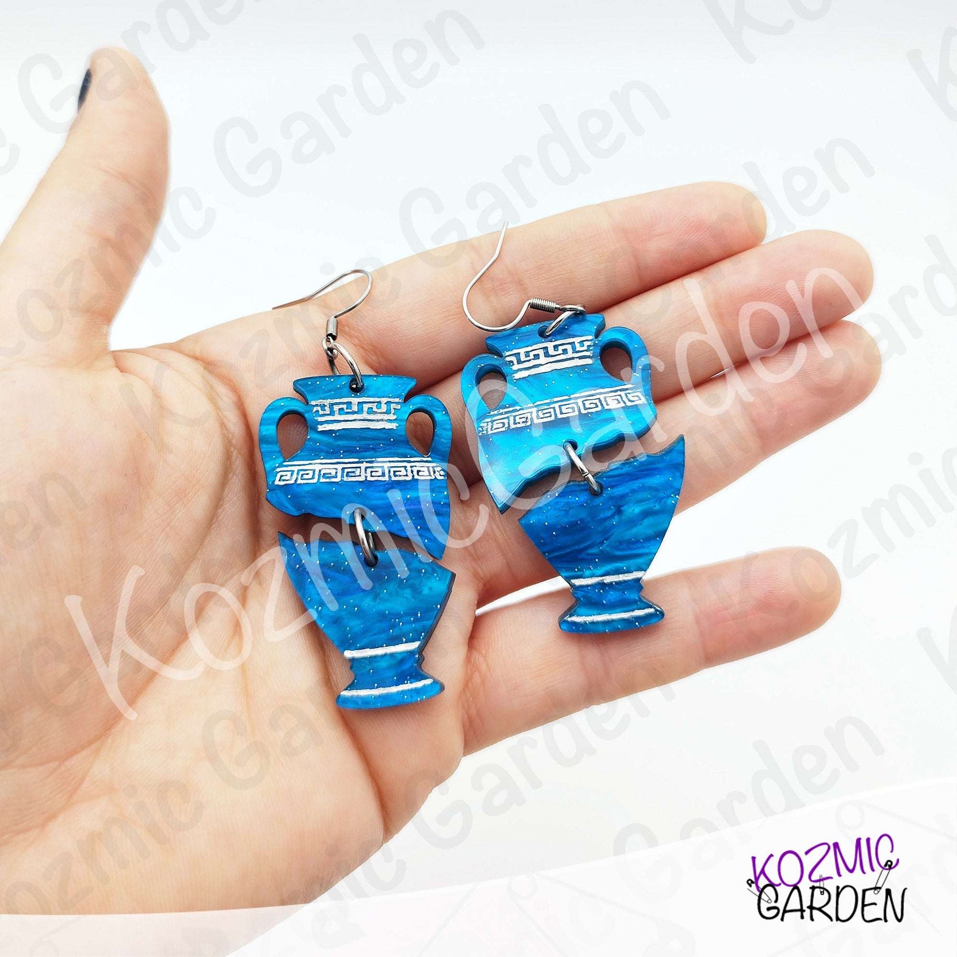 Blue Greek Vase Earrings – Broken Pottery Design, Mythology Jewelry, Greek Earrings