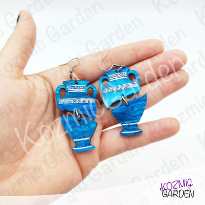 Blue Greek Vase Earrings – Broken Pottery Design, Mythology Jewelry, Greek Earrings