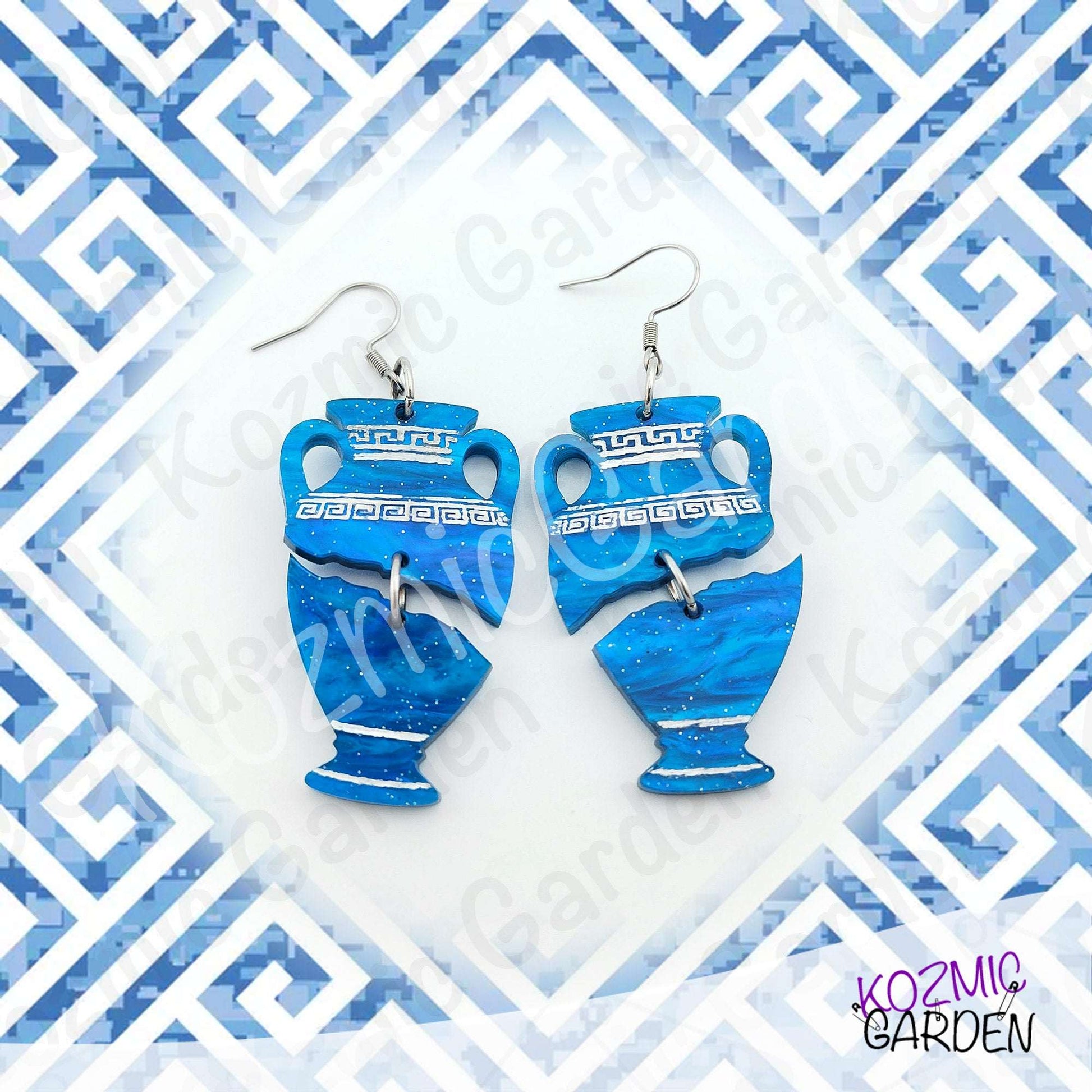 Blue Greek Vase Earrings – Broken Pottery Design, Mythology Jewelry, Greek Earrings