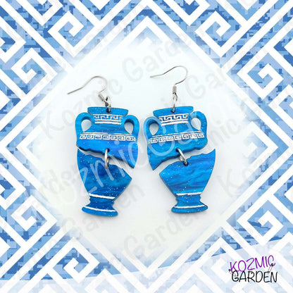 Blue Greek Vase Earrings – Broken Pottery Design, Mythology Jewelry, Greek Earrings