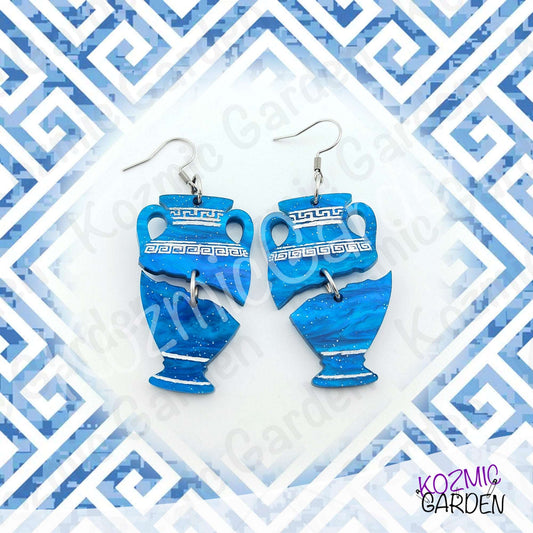 Blue Greek Vase Earrings – Broken Pottery Design, Mythology Jewelry, Greek Earrings